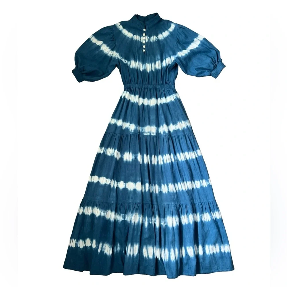 Sole by Mare Sole Amore Linen Blend A-Line Tie Dye Midi Dress White/Blue Sz S - Picture 6 of 12